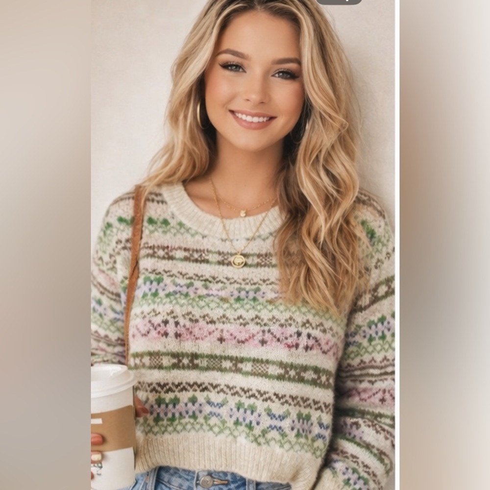Crewneck Fair Isle Sweater in Green and Pink Size Medium